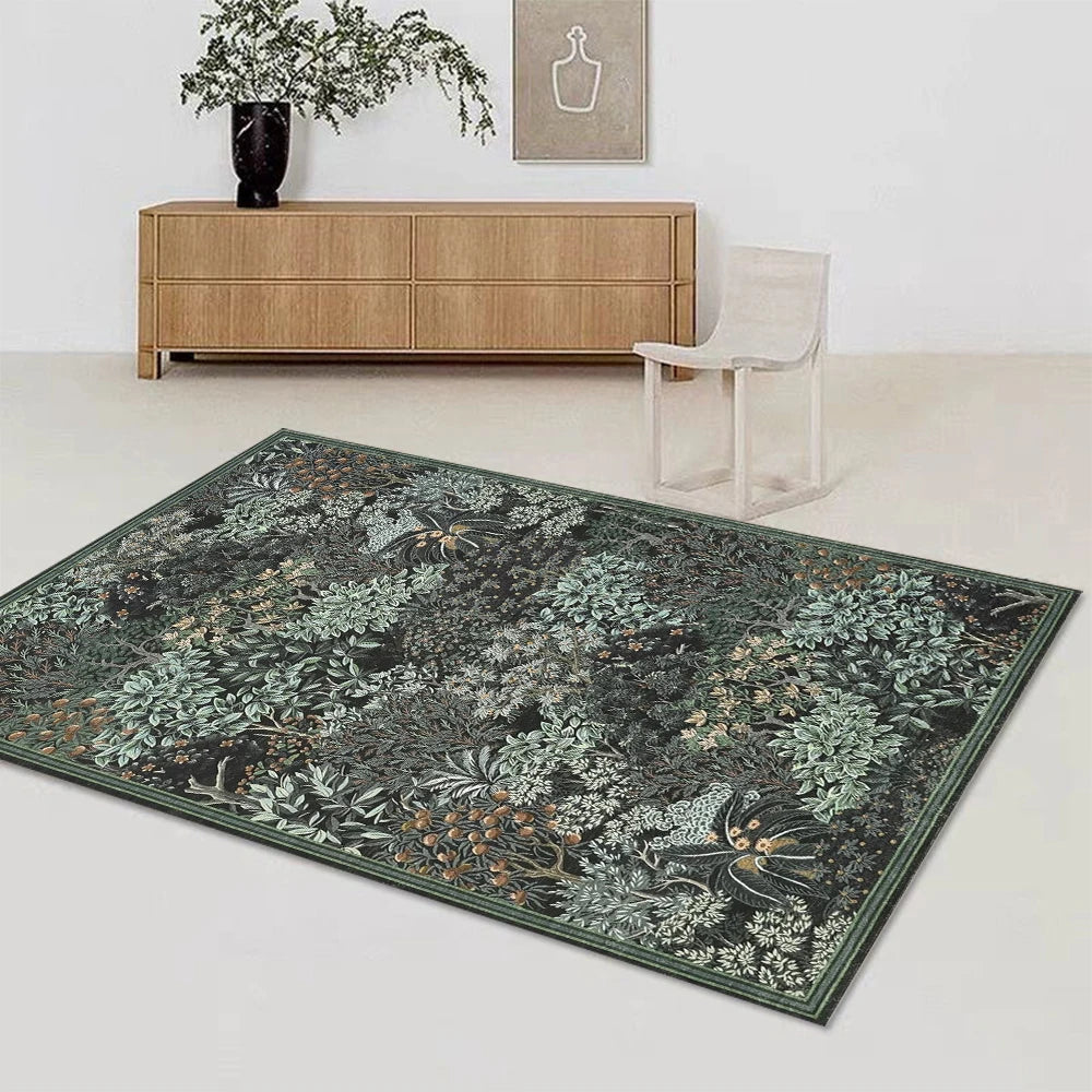 A dark botanical area rug featuring green and brown foliage in a living room setting.