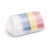 A clear plastic container filled with colorful erasable fabric chalk markers for sewing.