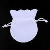 A white velvet drawstring gift bag shaped like a gourd, tied with white string.