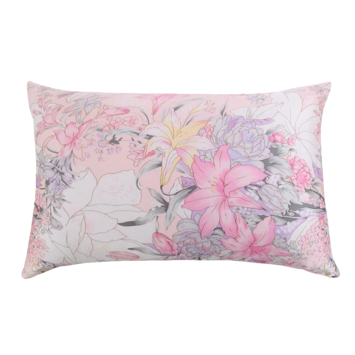 A square silk pillowcase featuring a soft pink and purple floral print.