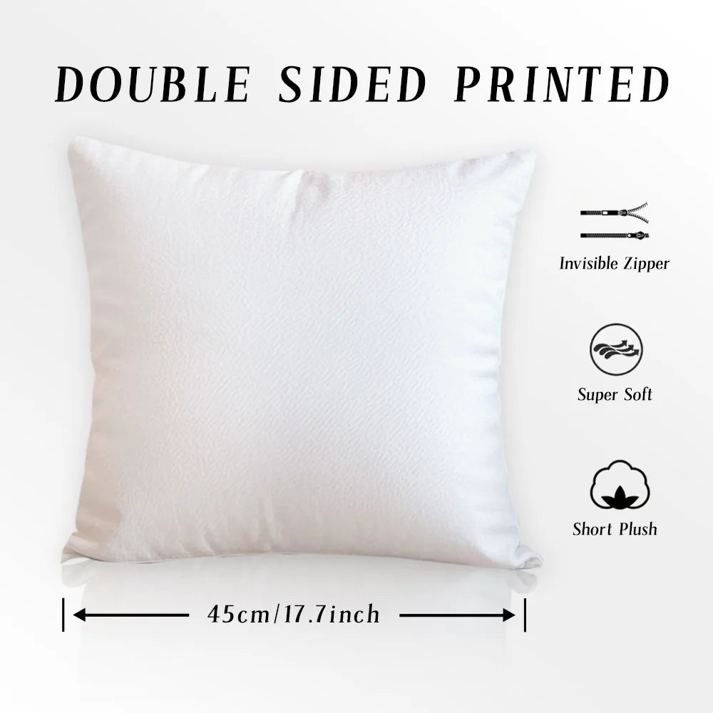 A white square pillow cover with a double-sided print, featuring an invisible zipper and short plush texture.