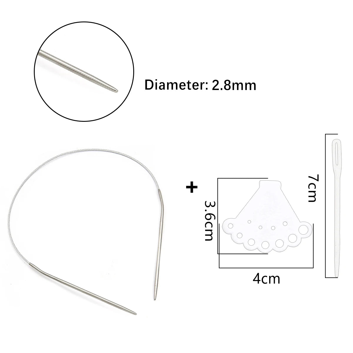 Stainless steel circular knitting needles set with a 2.8mm diameter and a 7cm length.