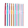 A set of ergonomic aluminum crochet hooks in various sizes and colors, including pink, blue, gold, and green.