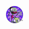 An enamel pin featuring a green, monstrous character with sharp teeth and purple background.