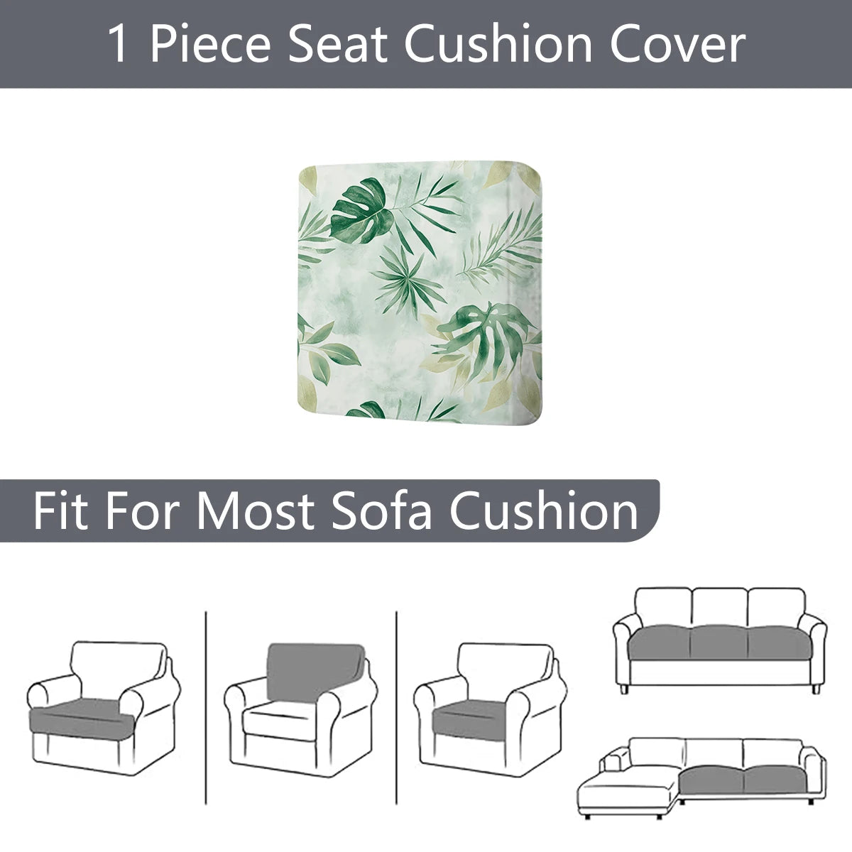 A single floral outdoor sofa cushion cover in a light green and white pattern shown next to various sofa cushions.