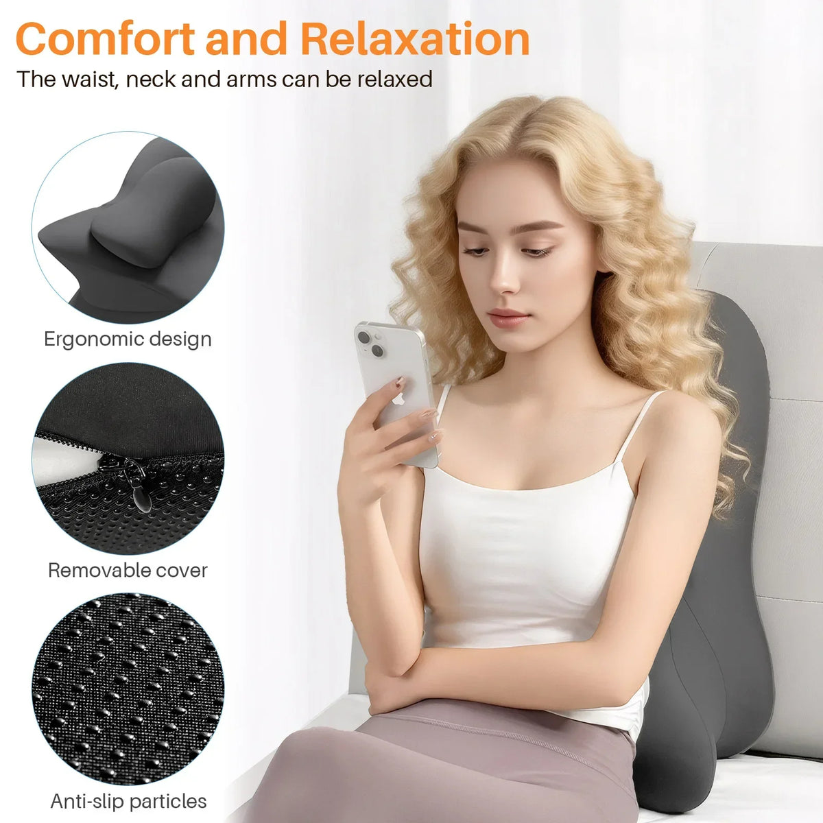 A woman is relaxing with a black ergonomic memory foam wedge pillow, showing features like removable cover and anti-slip part