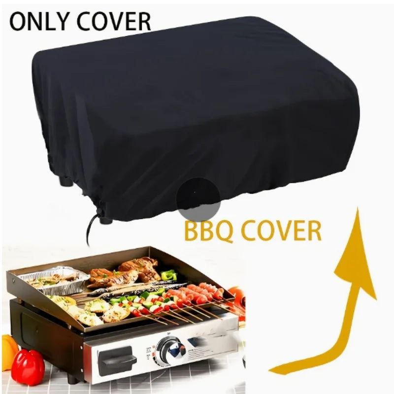 Black heavy-duty BBQ grill cover shown next to a BBQ grill with food on the grate.