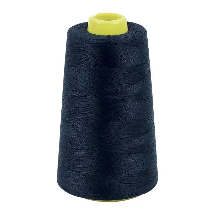 A dark navy blue spool of premium sewing thread with a yellow core.