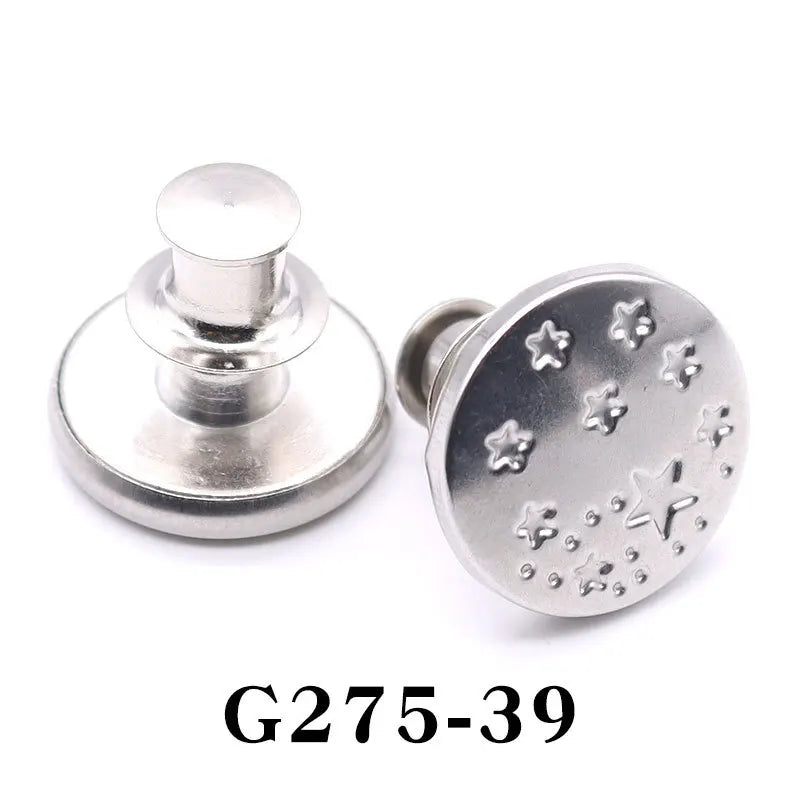 Silver adjustable button pin with a round top and a star-studded face.