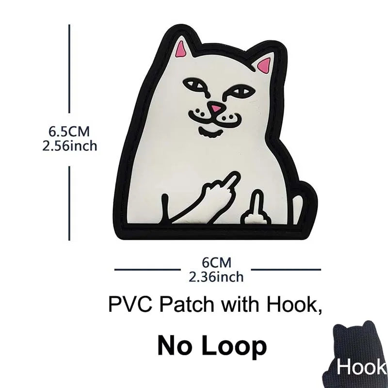 A white cat face patch with a black outline and a pink nose, featuring a paw print design.