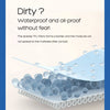 A close-up view of a blue waterproof fitted mattress protector fabric with water droplets on it.