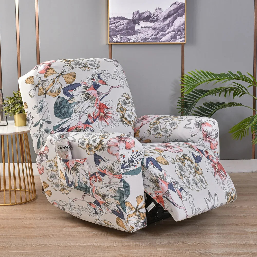 A floral print recliner and sofa slipcover set displayed on a light wood floor.