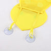 Yellow mesh bath toy organizer featuring adhesive hooks for holding toys