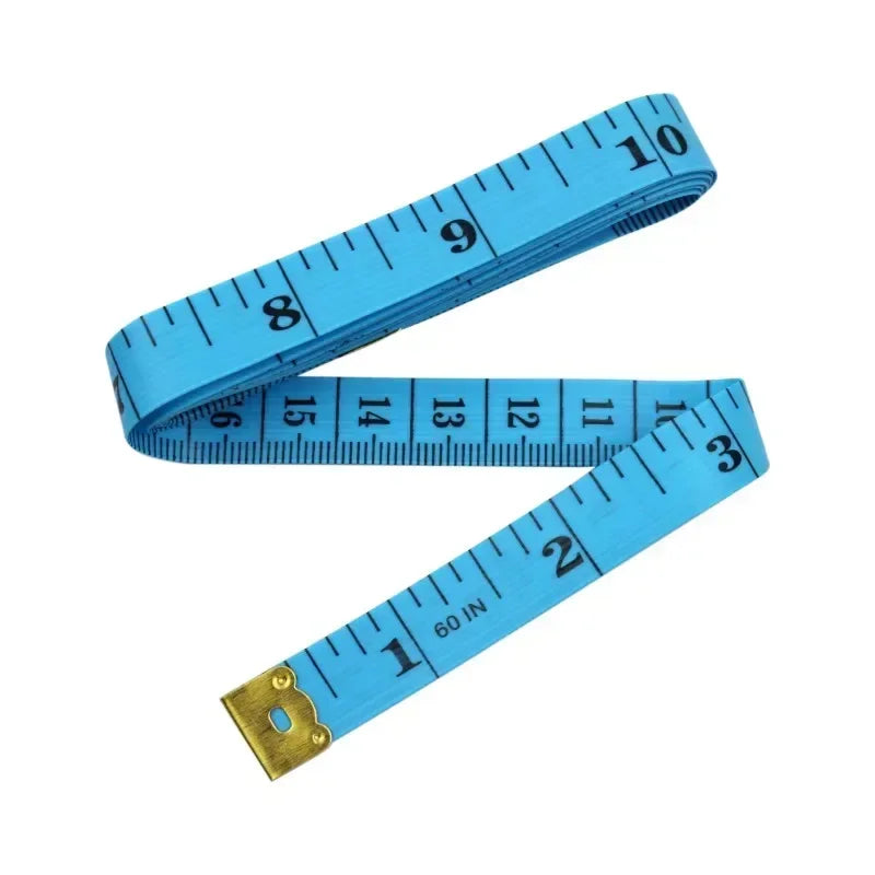 A blue flexible fiberglass body measuring tape showing markings up to 10 inches.