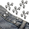A collection of silver adjustable button pins designed for customizing denim jeans.
