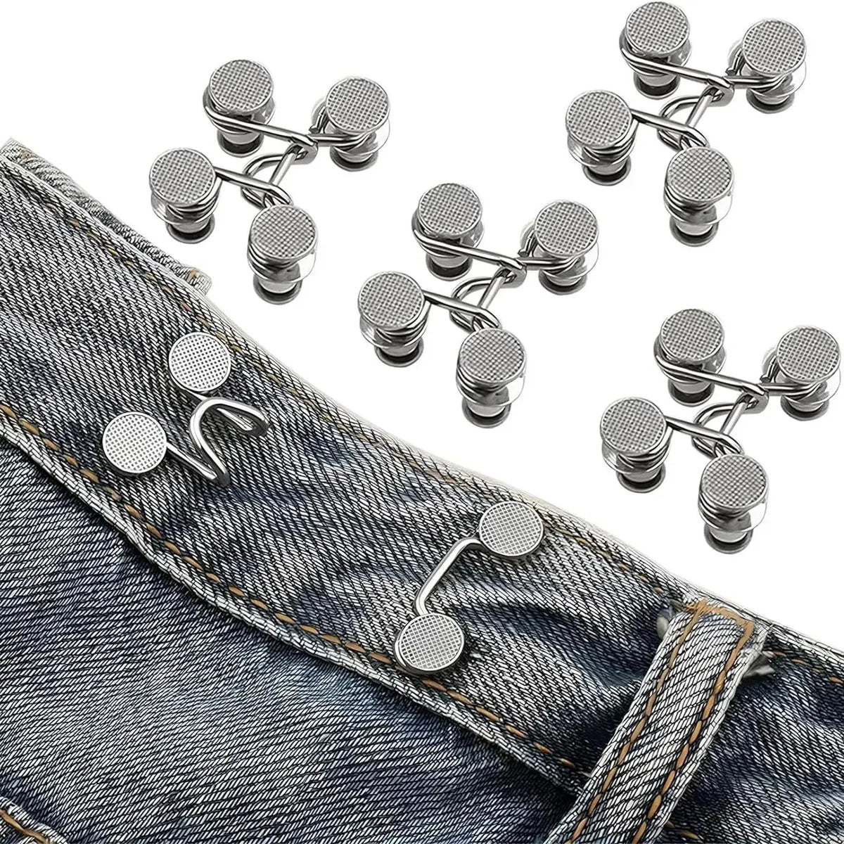 A collection of silver adjustable button pins designed for customizing denim jeans.