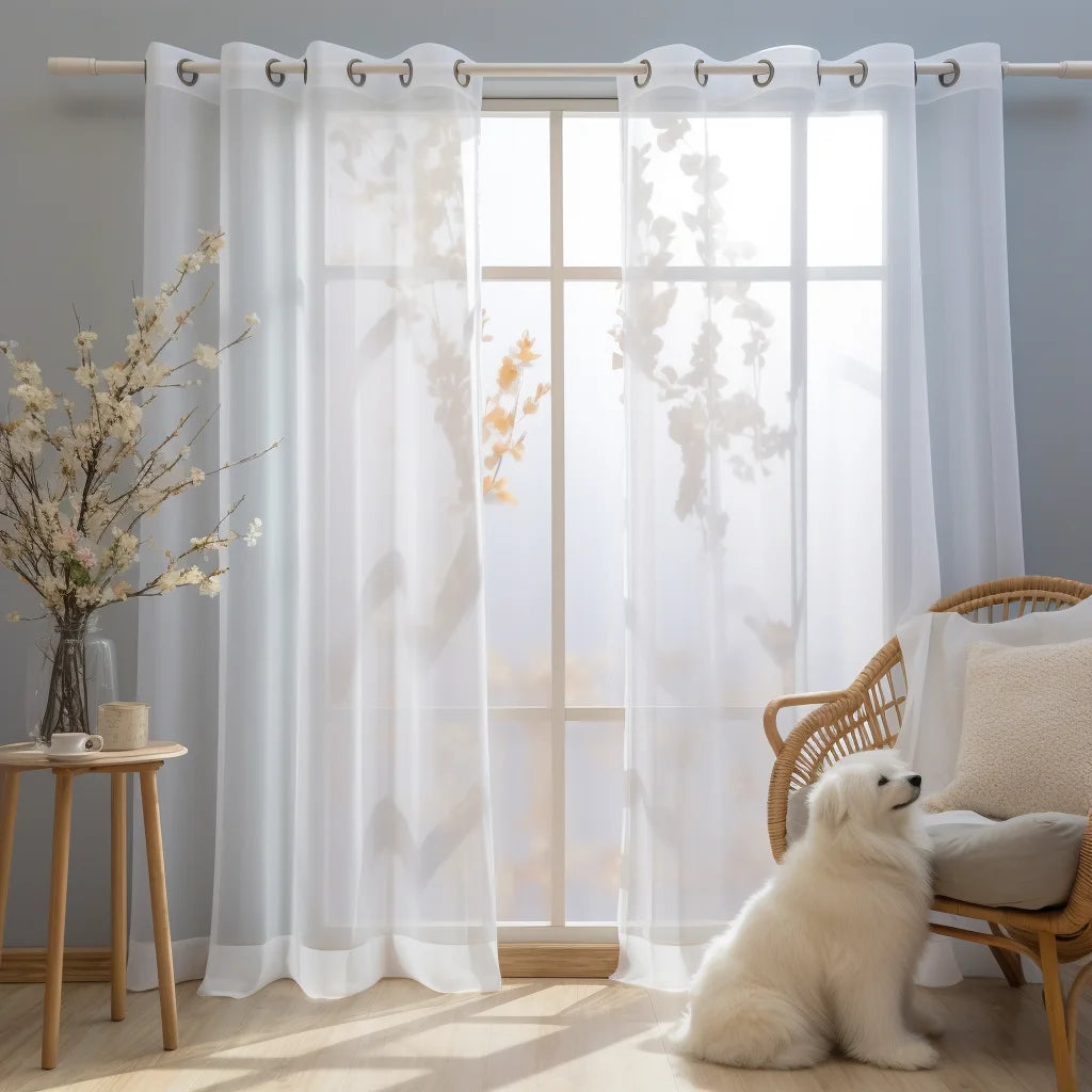 White sheer tulle window curtains hanging in a light-filled room with natural light streaming through.