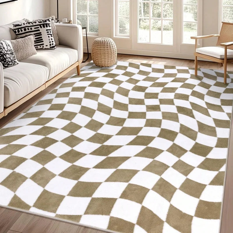 A rectangular cowhide print area rug featuring a white and olive green checkerboard pattern.