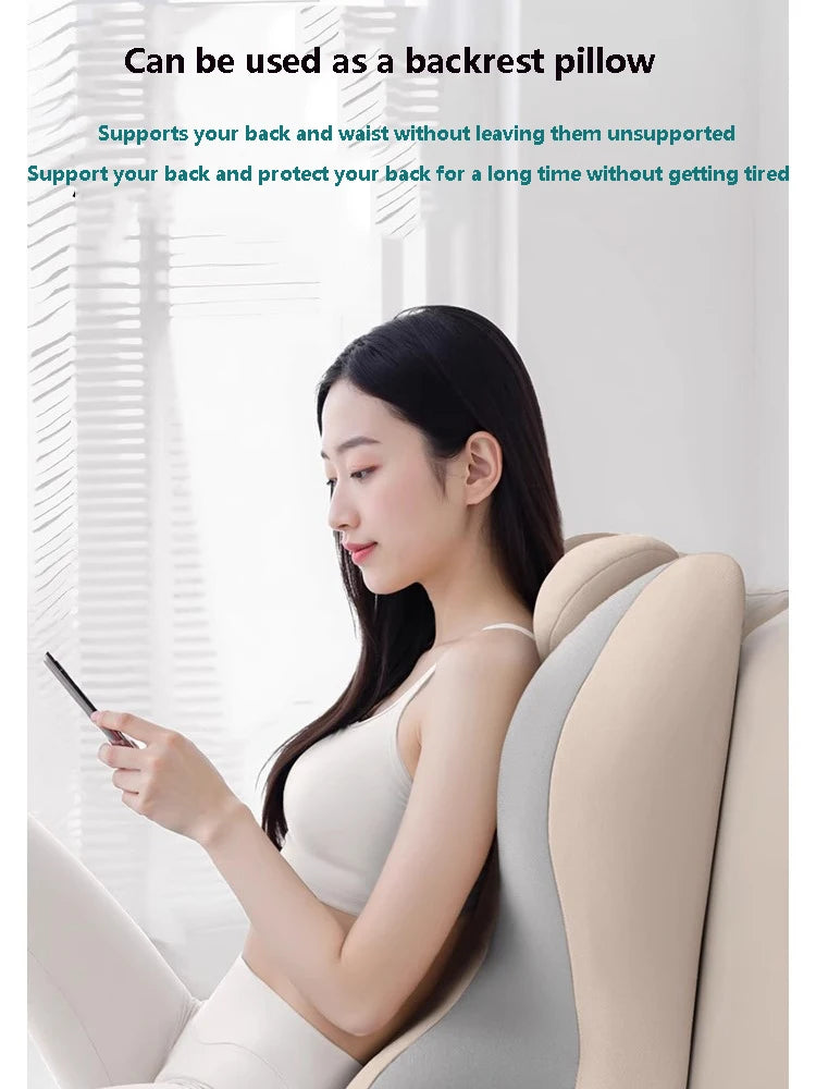 A woman is using an ergonomic memory foam wedge pillow for neck, back, and leg support while looking at a smartphone.