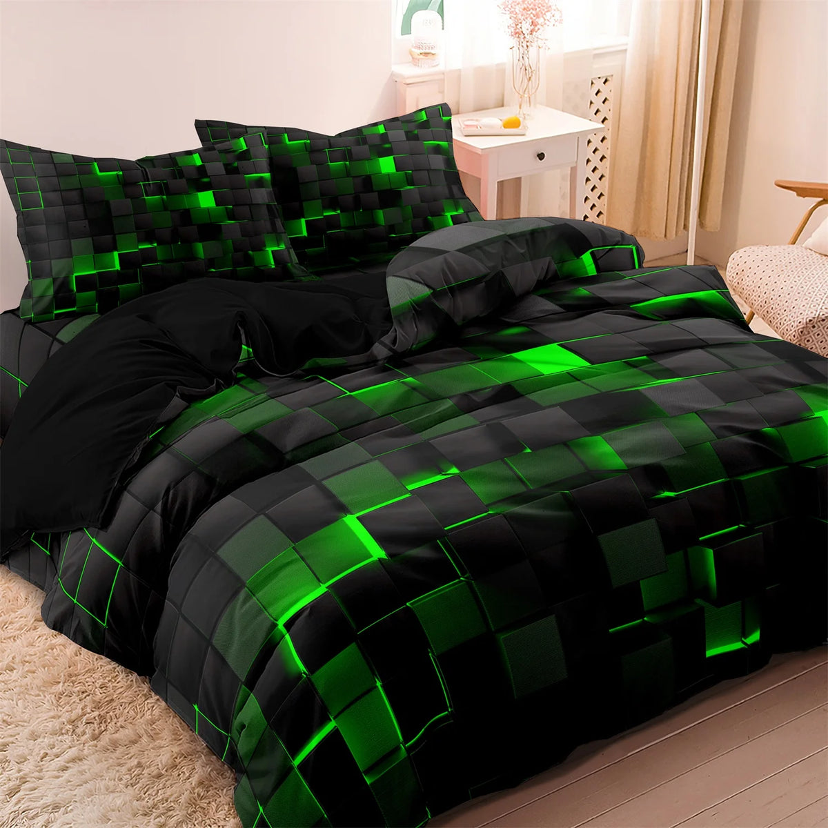 Black and green geometric grid plaid duvet cover set displayed on a bed.