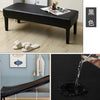 A black waterproof stretch dining bench cover is shown in various contexts, including a furniture piece and a dripping water 
