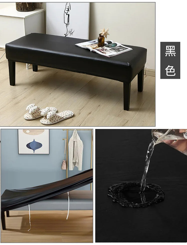 A black waterproof stretch dining bench cover is shown in various contexts, including a furniture piece and a dripping water 