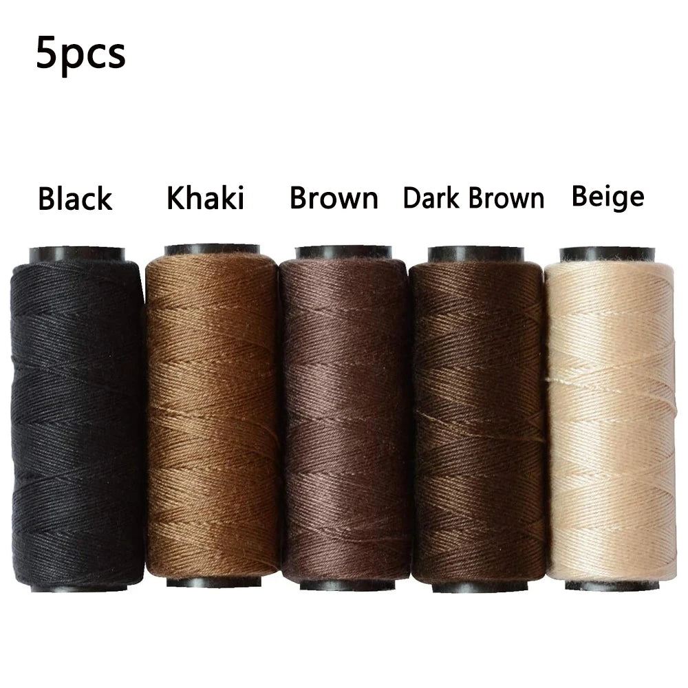 Five rolls of multi-color sewing threads in Black, Khaki, Brown, Dark Brown, and Beige.