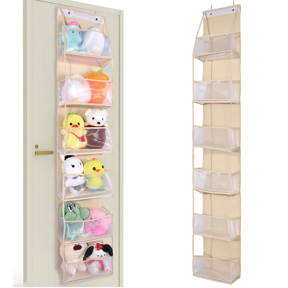 A vertical, tiered storage organizer with clear pockets for small items mounted on a door.