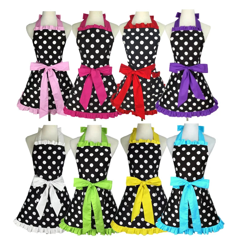 A set of five retro polka dot ruffle aprons in various colors including pink, black, red, and purple.
