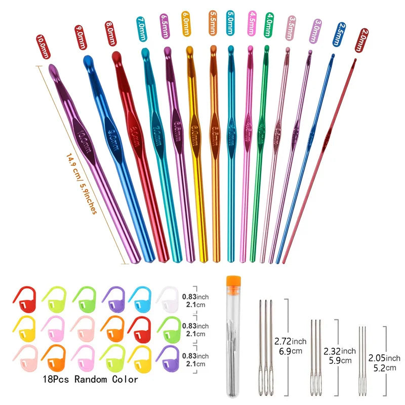 A set of 18 ergonomic aluminum crochet hooks in various colors and sizes, ranging from 5.0mm to 10.0mm.