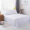 White premium flat bed sheet spread on a bed with sheer curtains and a framed plant on the wall.