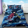 Anime Demon Slayer duvet cover featuring a character in a red outfit battling a blue dragon on a dark, watery background