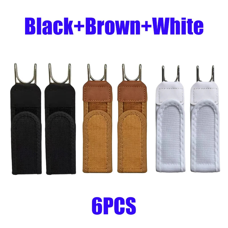 Six pieces of black, brown, and white elastic belts for adjustable buckle-free use