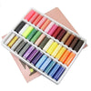 A white plastic box filled with 39 assorted industrial sewing threads in various bright and dark colors.