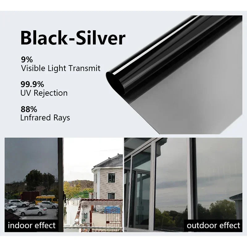 Black-Silver one-way privacy window film showing indoor and outdoor effects.