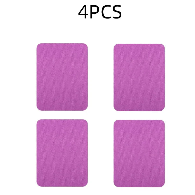 A set of four purple iron-on fabric repair patches.