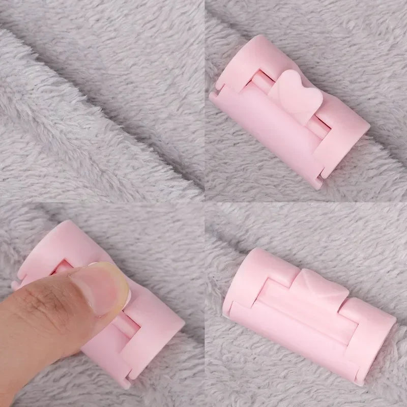 Pink non-slip bed sheet grippers with adjustable clips shown in various angles