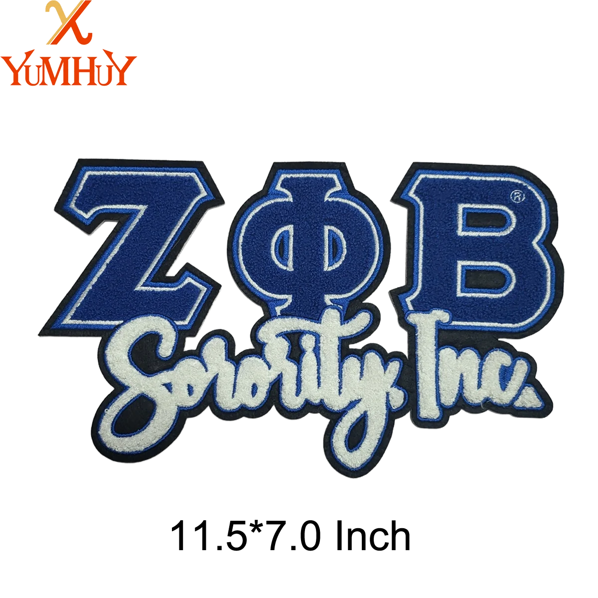 An embroidered patch featuring the letters ZOB and the text Sorority Inc in blue and white thread.