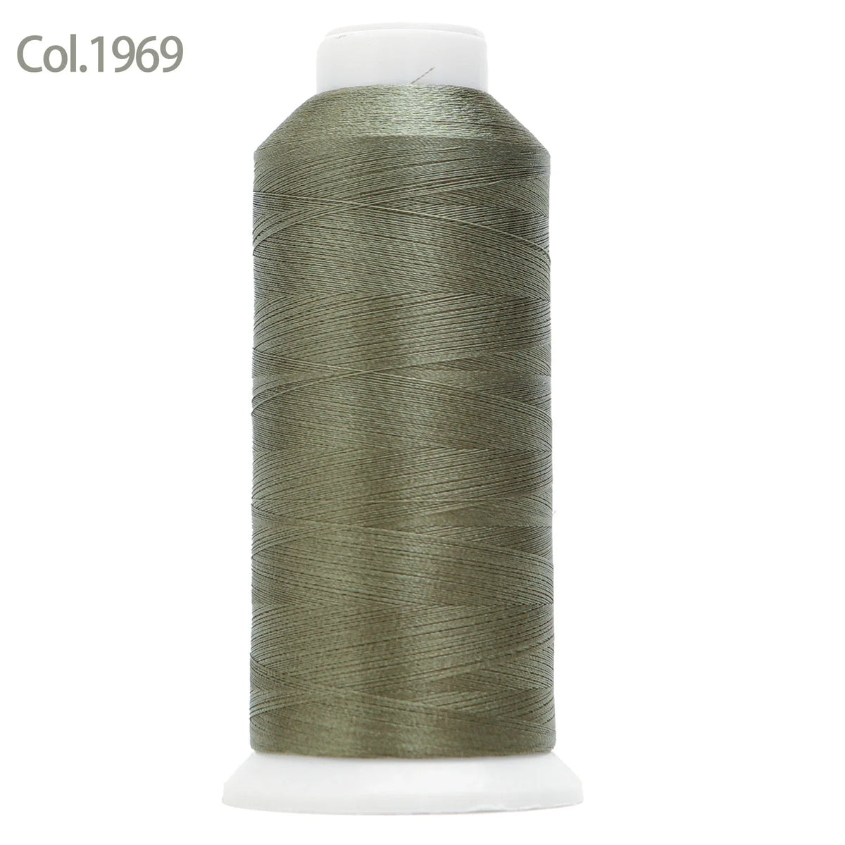 Spool of olive green high tenacity machine embroidery thread labeled Col.1969