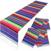 Vibrant Mexican Serape table runner featuring colorful stripes and fringed edges.
