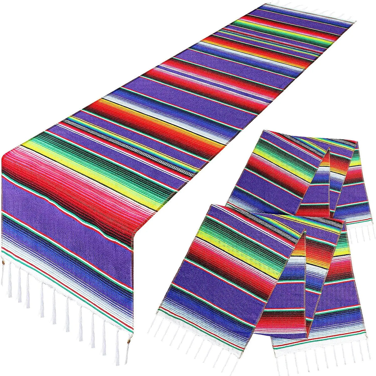 Vibrant Mexican Serape table runner featuring colorful stripes and fringed edges.