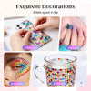 A collection of DIY resin rhinestone decorations including a phone case, manicure, decoration on skin, and a water cup.