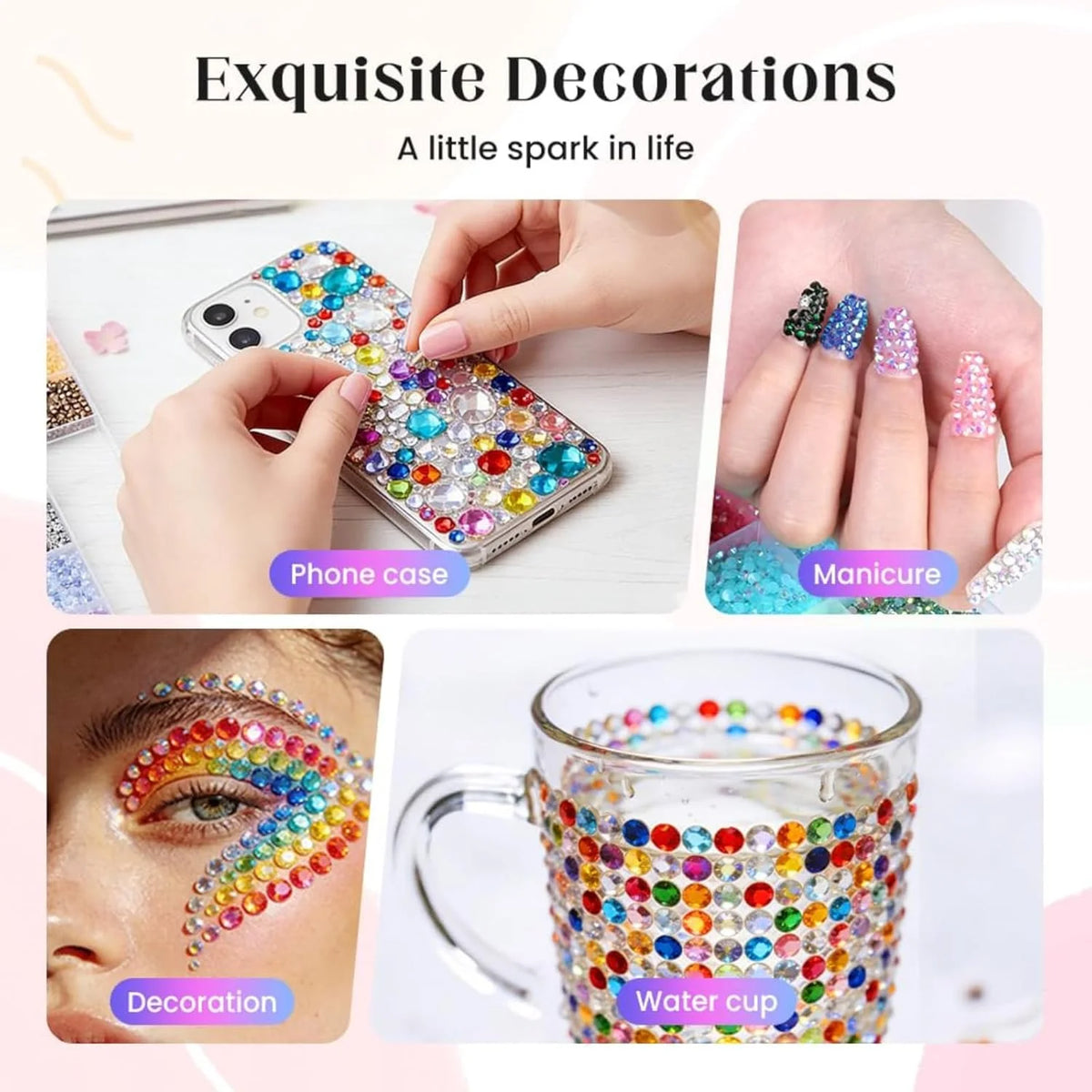 A collection of DIY resin rhinestone decorations including a phone case, manicure, decoration on skin, and a water cup.