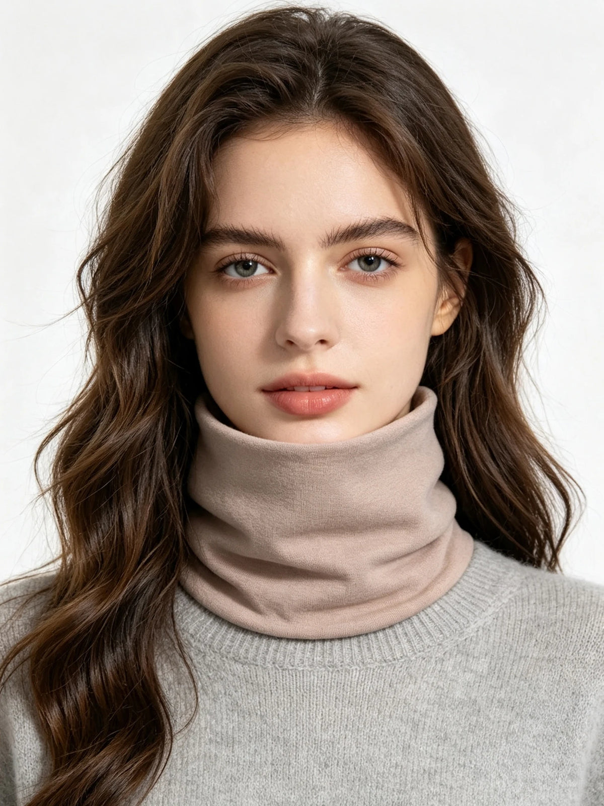 A woman models a beige turtleneck sweater and a matching soft cotton warm neck scarf.