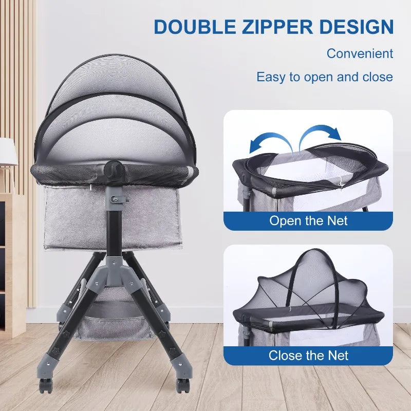 A portable bassinet with a double zipper design showing the net cover open and closed.