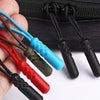 A hand holds a pack of ten colorful zipper pull replacement clips with black cord attachments.