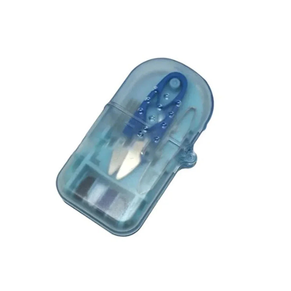 A clear plastic portable sewing kit containing a pair of needles and thread.