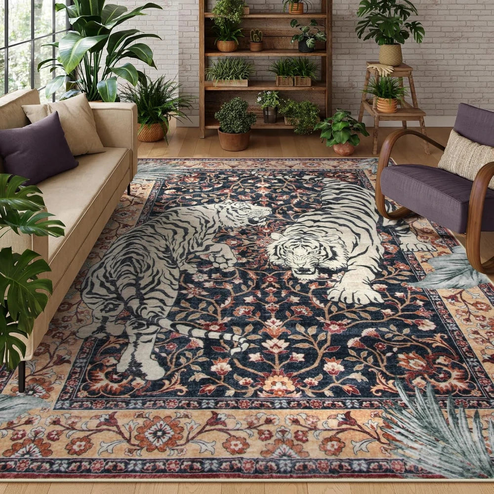 A dark blue and orange jungle tiger pattern rug placed in a living room with indoor plants.