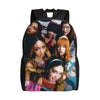 A black canvas backpack featuring a collage of female faces.