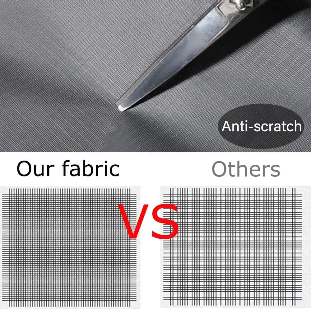 Close-up of a fabric surface showing an anti-scratch feature and a comparison between the product's fabric weave and others.
